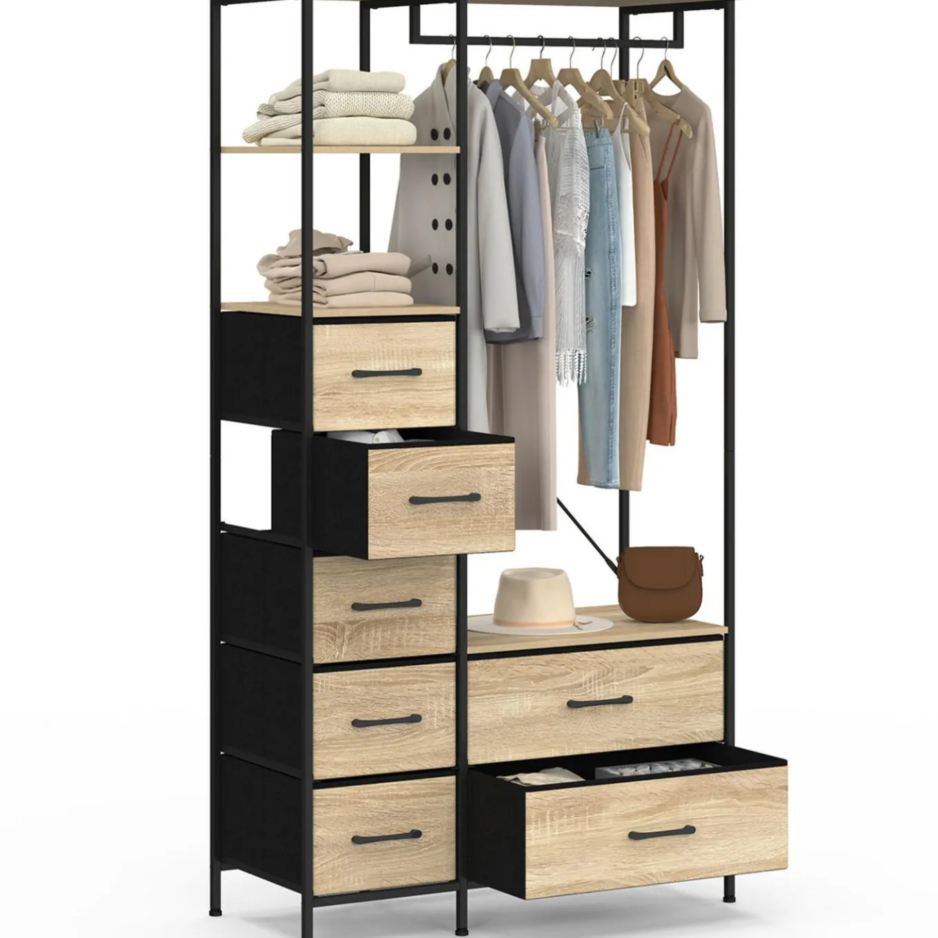 IDMarket Dressing penderie + colonne avec 1 étagère et 7 bacs en tissu bois et noir L. 90 cm* Dressings Et Portants Vêtements|Chambre Complète Adulte