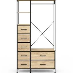 IDMarket Dressing penderie + colonne avec 1 étagère et 7 bacs en tissu bois et noir L. 90 cm* Dressings Et Portants Vêtements|Chambre Complète Adulte