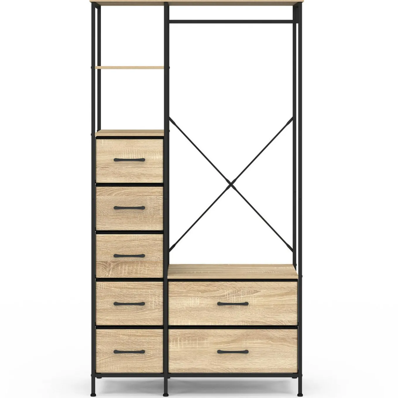 IDMarket Dressing penderie + colonne avec 1 étagère et 7 bacs en tissu bois et noir L. 90 cm* Dressings Et Portants Vêtements|Chambre Complète Adulte
