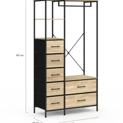 IDMarket Dressing penderie + colonne avec 1 étagère et 7 bacs en tissu bois et noir L. 90 cm* Dressings Et Portants Vêtements|Chambre Complète Adulte