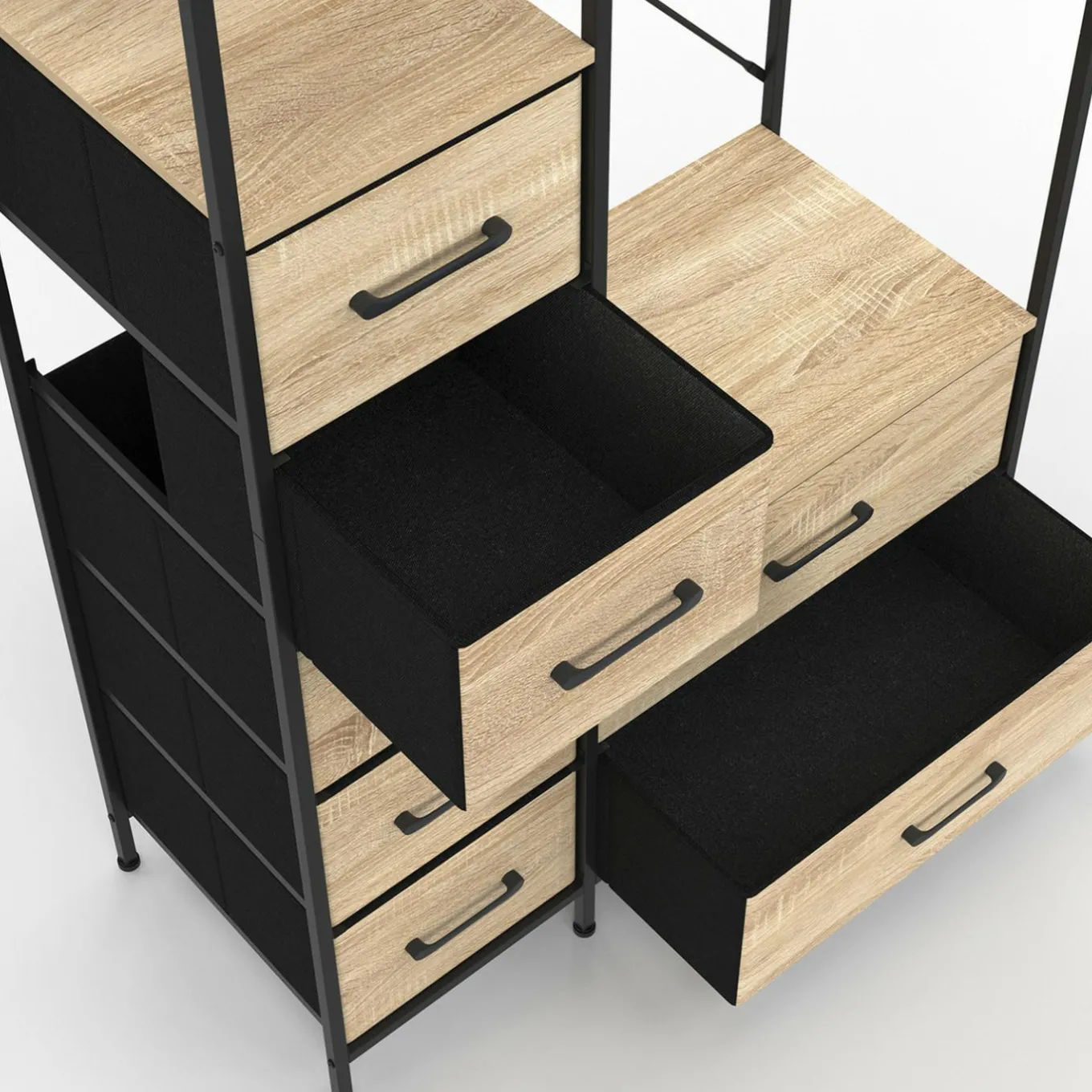 IDMarket Dressing penderie + colonne avec 1 étagère et 7 bacs en tissu bois et noir L. 90 cm* Dressings Et Portants Vêtements|Chambre Complète Adulte
