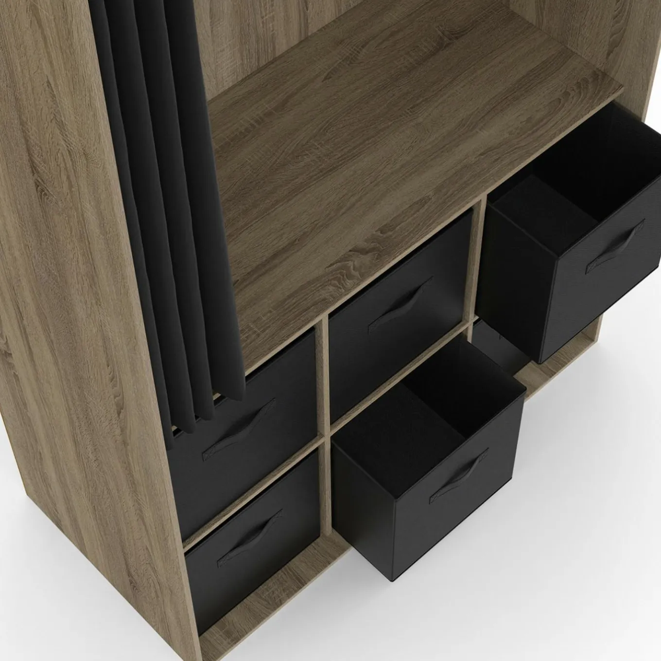 IDMarket Dressing penderie 104 x 50 x 172 cm hêtre avec rideau noir et 6 boites de rangement* Collection Contemporaine|Vestiaires Et Meubles D'Entrée