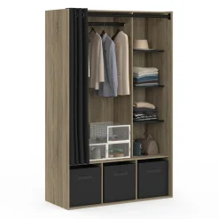 IDMarket Dressing penderie avec rideau et étagères bois et noir* Collection Design|Collection Contemporaine