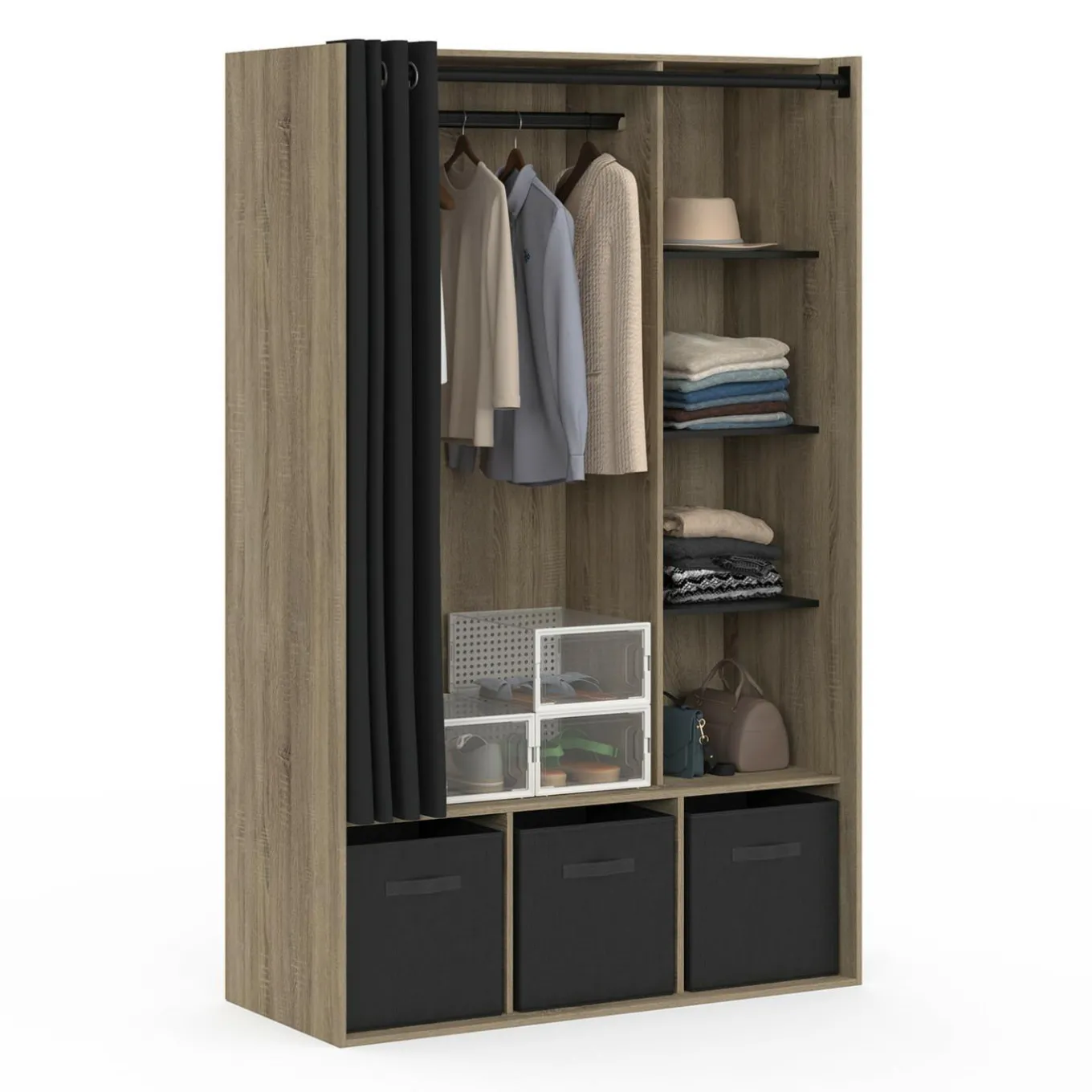 IDMarket Dressing penderie avec rideau et étagères bois et noir* Collection Design|Collection Contemporaine