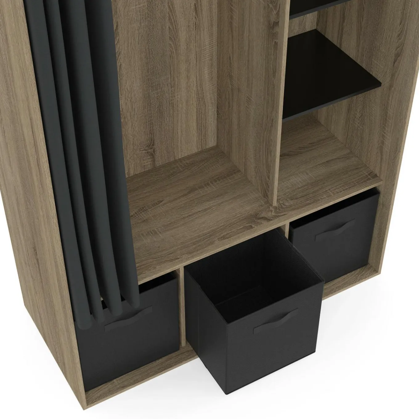 IDMarket Dressing penderie avec rideau et étagères bois et noir* Collection Design|Collection Contemporaine