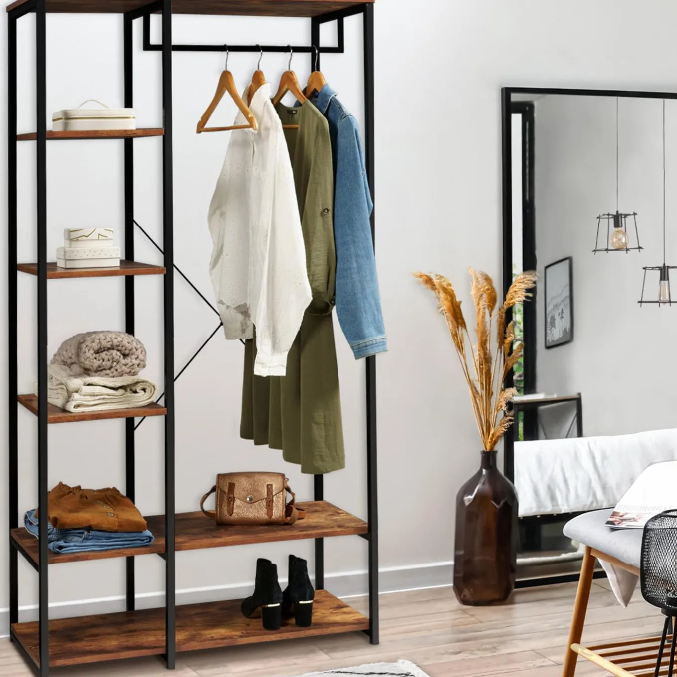 IDMarket Dressing penderie avec étagères style industriel* Meubles Hauts|Meubles En Bois