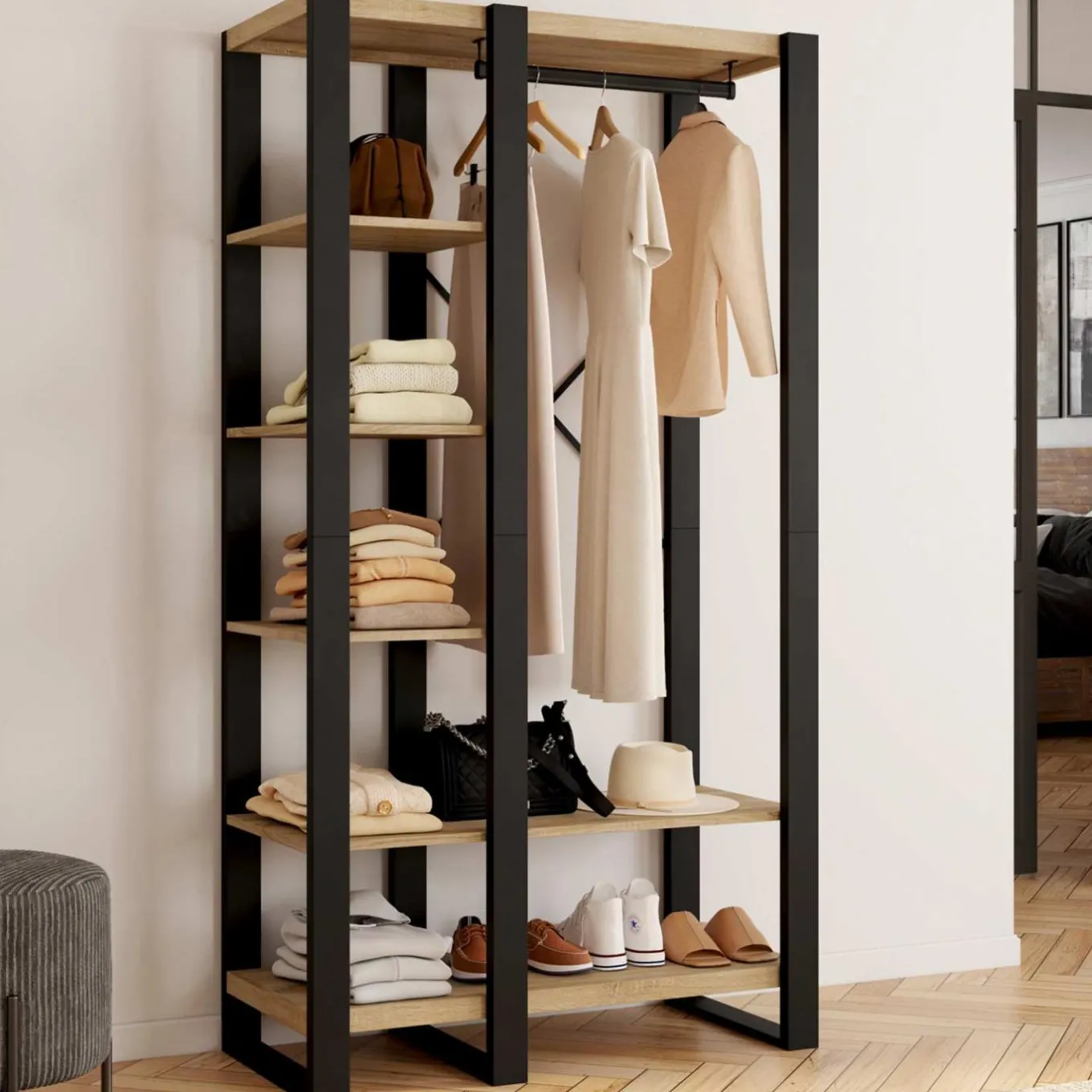 IDMarket Dressing penderie avec étagère noir et bois 90 cm* Meubles En Bois|Collection Design