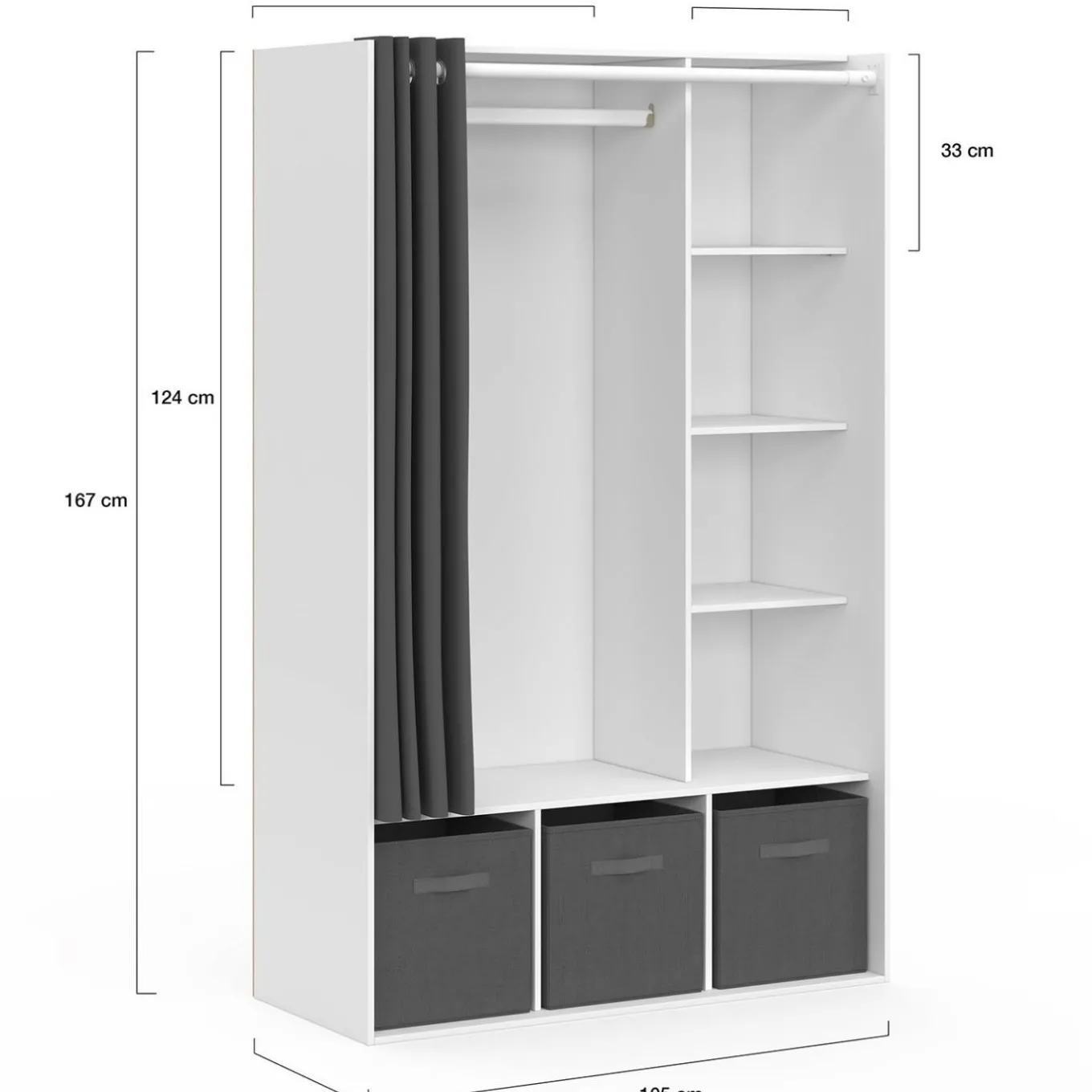 IDMarket Dressing penderie blanc avec rideaux gris* Vestiaires Et Meubles D'Entrée|Dressings Et Portants Vêtements