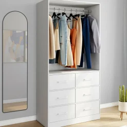 IDMarket Dressing penderie L. 80 cm avec 6 tiroirs bois et tissu blanc* Collection Contemporaine|Dressings Et Portants Vêtements