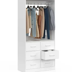 IDMarket Dressing penderie L. 80 cm avec 6 tiroirs bois et tissu blanc* Collection Contemporaine|Dressings Et Portants Vêtements