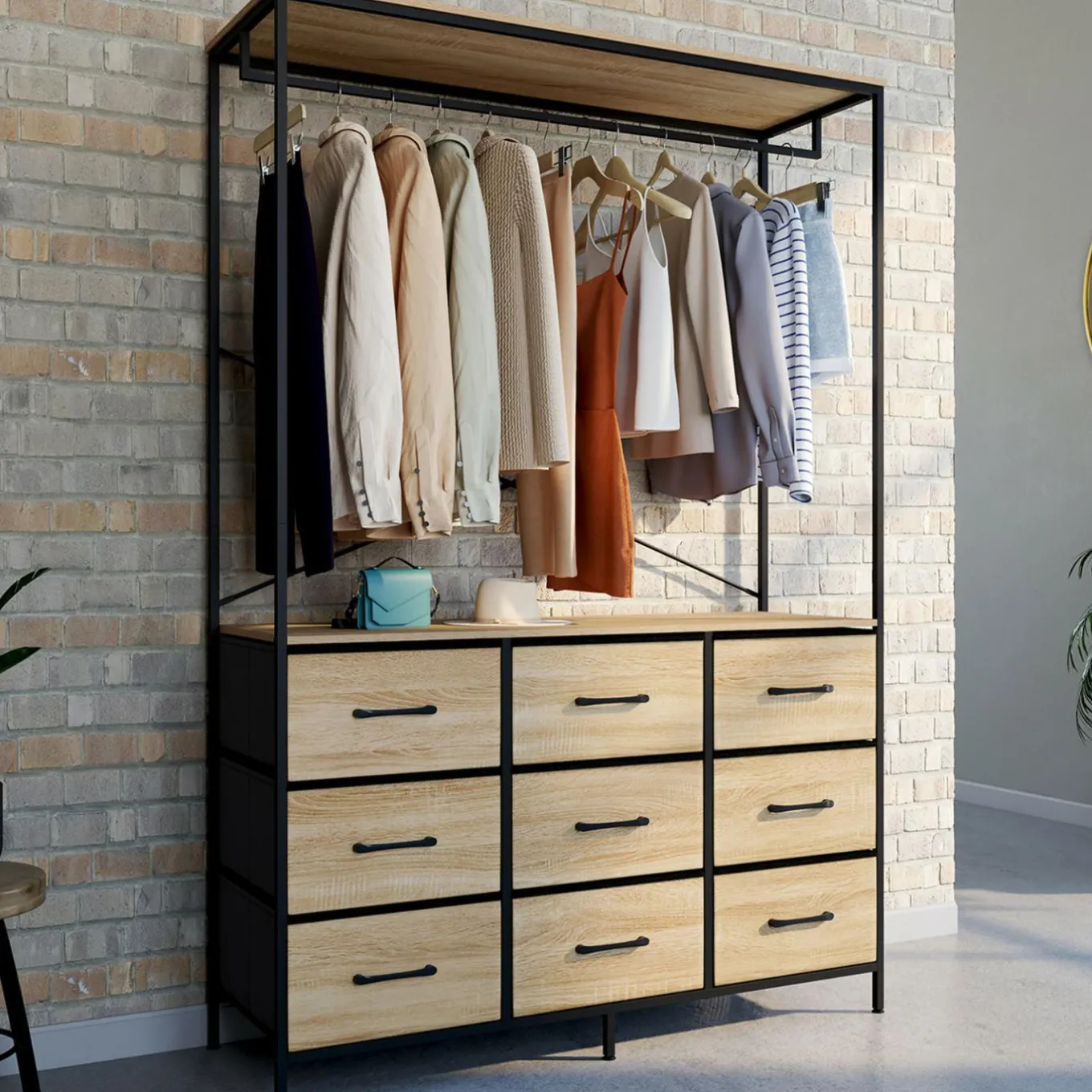 IDMarket Dressing penderie L. 115 cm avec 9 bacs en tissu bois et noir* Dressings Et Portants Vêtements