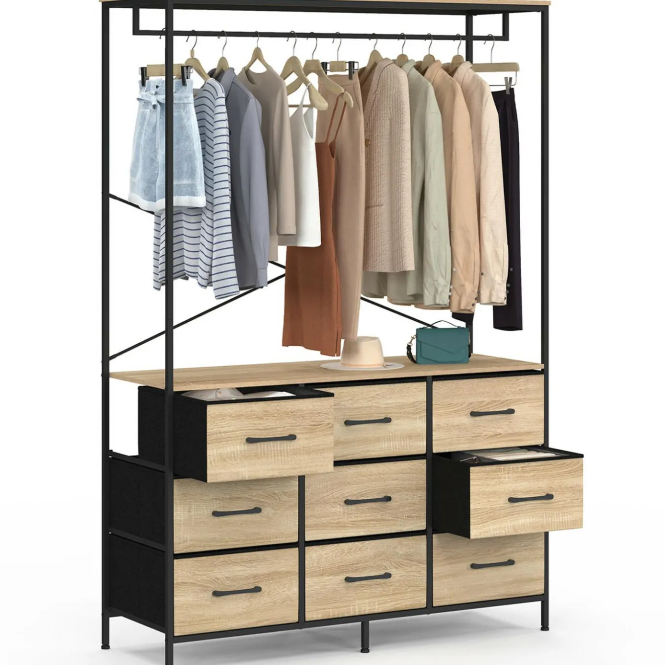 IDMarket Dressing penderie L. 115 cm avec 9 bacs en tissu bois et noir* Dressings Et Portants Vêtements