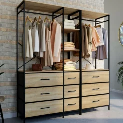 IDMarket Dressing penderie modulable L. 150 cm XXL avec 3 étagères et 9 bacs en tissu bois et noir* Dressings Et Portants Vêtements|Chambre Complète Adulte