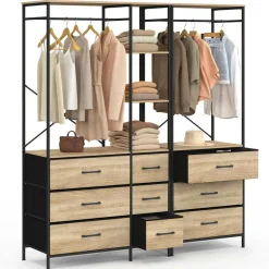 IDMarket Dressing penderie modulable L. 150 cm XXL avec 3 étagères et 9 bacs en tissu bois et noir* Dressings Et Portants Vêtements|Chambre Complète Adulte