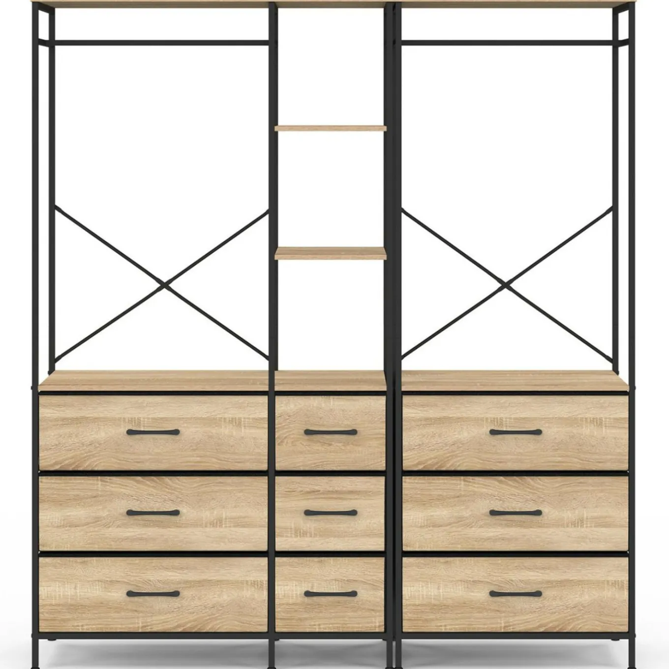 IDMarket Dressing penderie modulable L. 150 cm XXL avec 3 étagères et 9 bacs en tissu bois et noir* Dressings Et Portants Vêtements|Chambre Complète Adulte