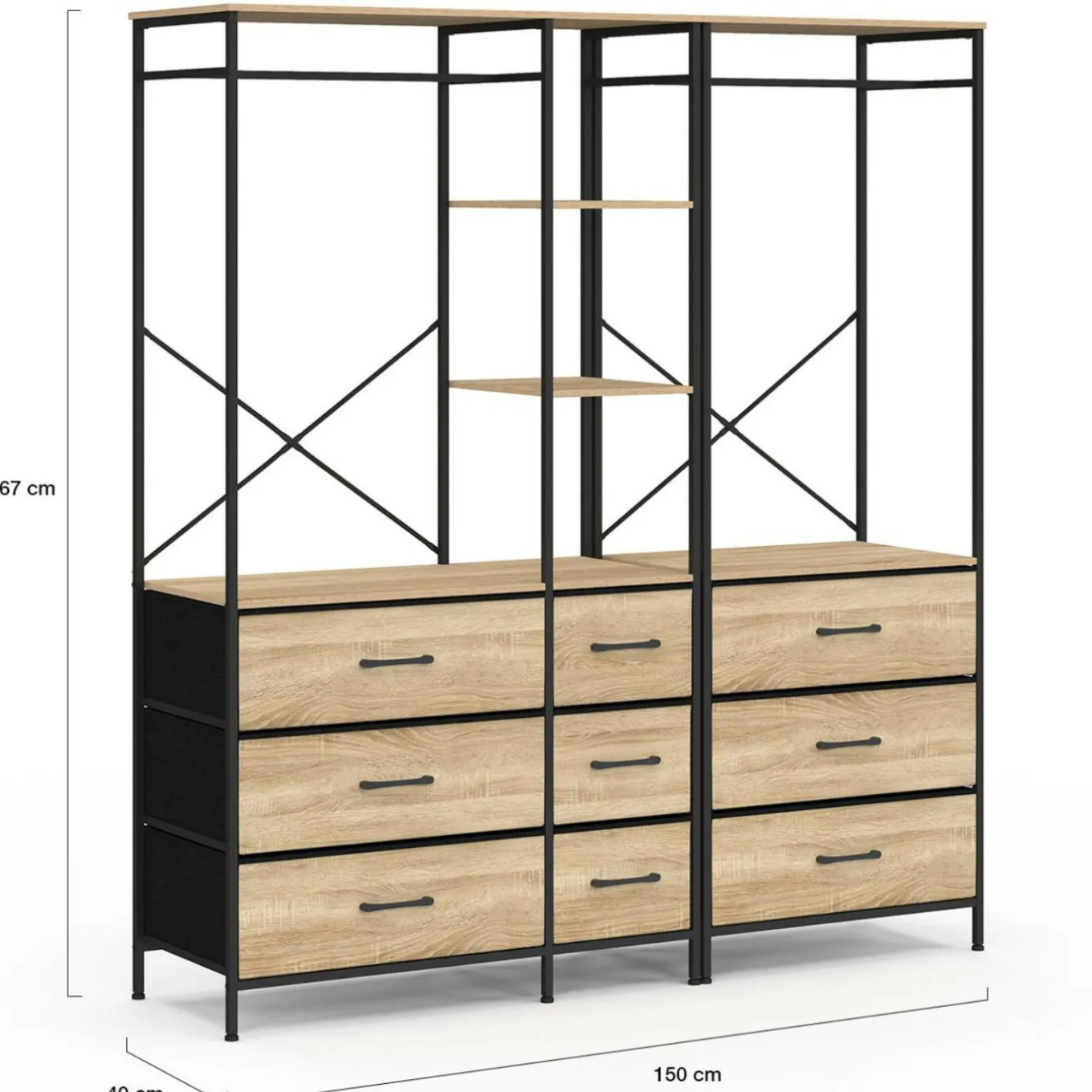 IDMarket Dressing penderie modulable L. 150 cm XXL avec 3 étagères et 9 bacs en tissu bois et noir* Dressings Et Portants Vêtements|Chambre Complète Adulte
