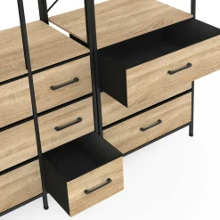 IDMarket Dressing penderie modulable L. 150 cm XXL avec 3 étagères et 9 bacs en tissu bois et noir* Dressings Et Portants Vêtements|Chambre Complète Adulte