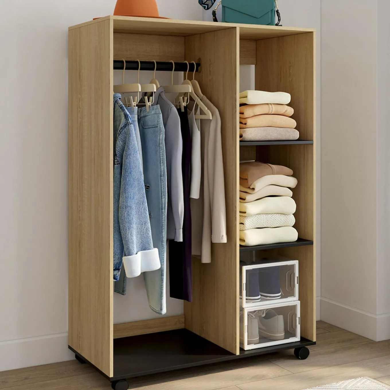 IDMarket Dressing penderie RACHEL 80 x 40 x 120 cm à roulettes hêtre et noir* Collection Contemporaine|Dressings Et Portants Vêtements