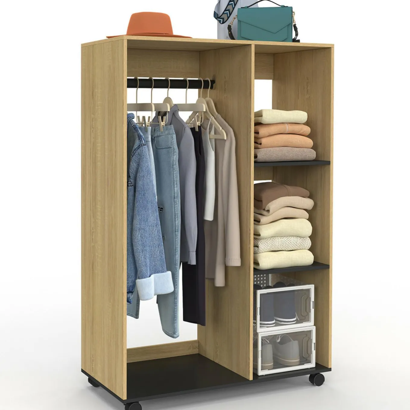 IDMarket Dressing penderie RACHEL 80 x 40 x 120 cm à roulettes hêtre et noir* Collection Contemporaine|Dressings Et Portants Vêtements