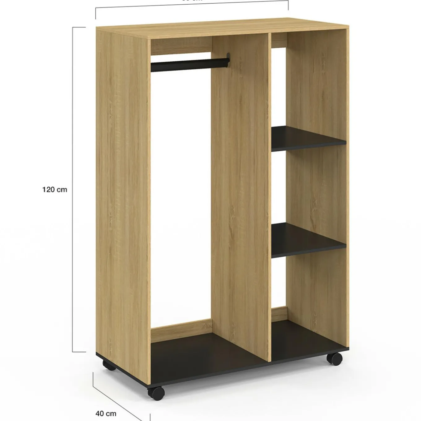 IDMarket Dressing penderie RACHEL 80 x 40 x 120 cm à roulettes hêtre et noir* Collection Contemporaine|Dressings Et Portants Vêtements
