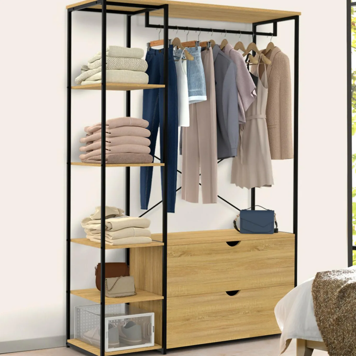 IDMarket Dressing penderie étagères 2 tiroirs design industriel L. 113 cm* Collection Agencement Magasin|Dressings Et Portants Vêtements