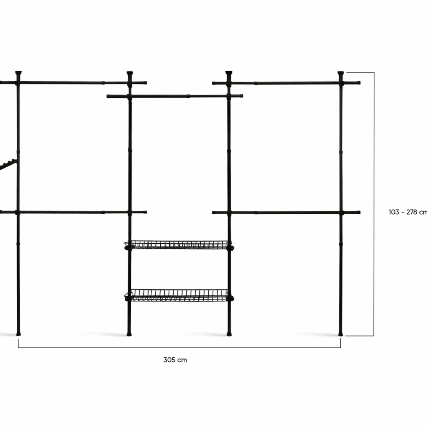 IDMarket Dressing télescopique extensible 5 penderies 2 paniers en métal noir* Chambre Complète Adulte|Dressings Et Portants Vêtements