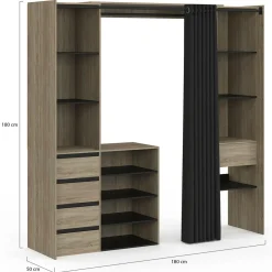 IDMarket Dressing XXL extensible 120/180 cm en hêtre avec penderie, étagères et tiroirs* Dressings Et Portants Vêtements|Chambre Complète Adulte