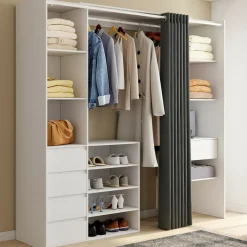 IDMarket Dressing XXL extensible 120/180 cm blanc avec tiroirs + étagères + penderie + rideau gris* Collection Moderne|Dressings Et Portants Vêtements