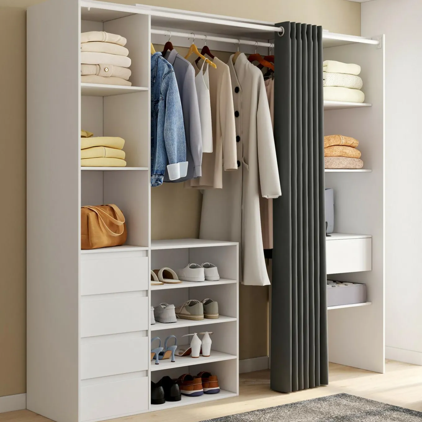 IDMarket Dressing XXL extensible 120/180 cm blanc avec tiroirs + étagères + penderie + rideau gris* Collection Moderne|Dressings Et Portants Vêtements