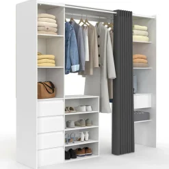 IDMarket Dressing XXL extensible 120/180 cm blanc avec tiroirs + étagères + penderie + rideau gris* Collection Moderne|Dressings Et Portants Vêtements