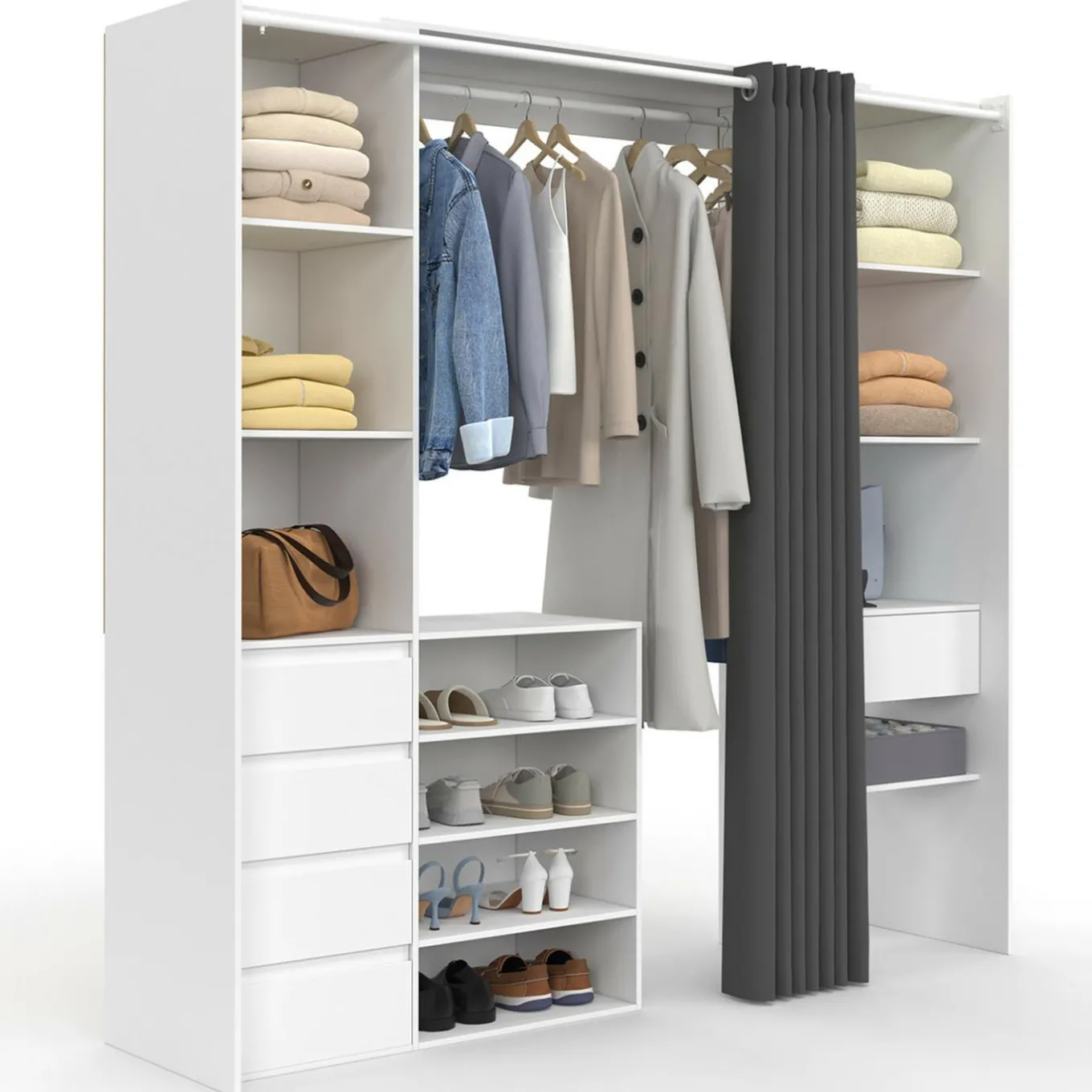 IDMarket Dressing XXL extensible 120/180 cm blanc avec tiroirs + étagères + penderie + rideau gris* Collection Moderne|Dressings Et Portants Vêtements