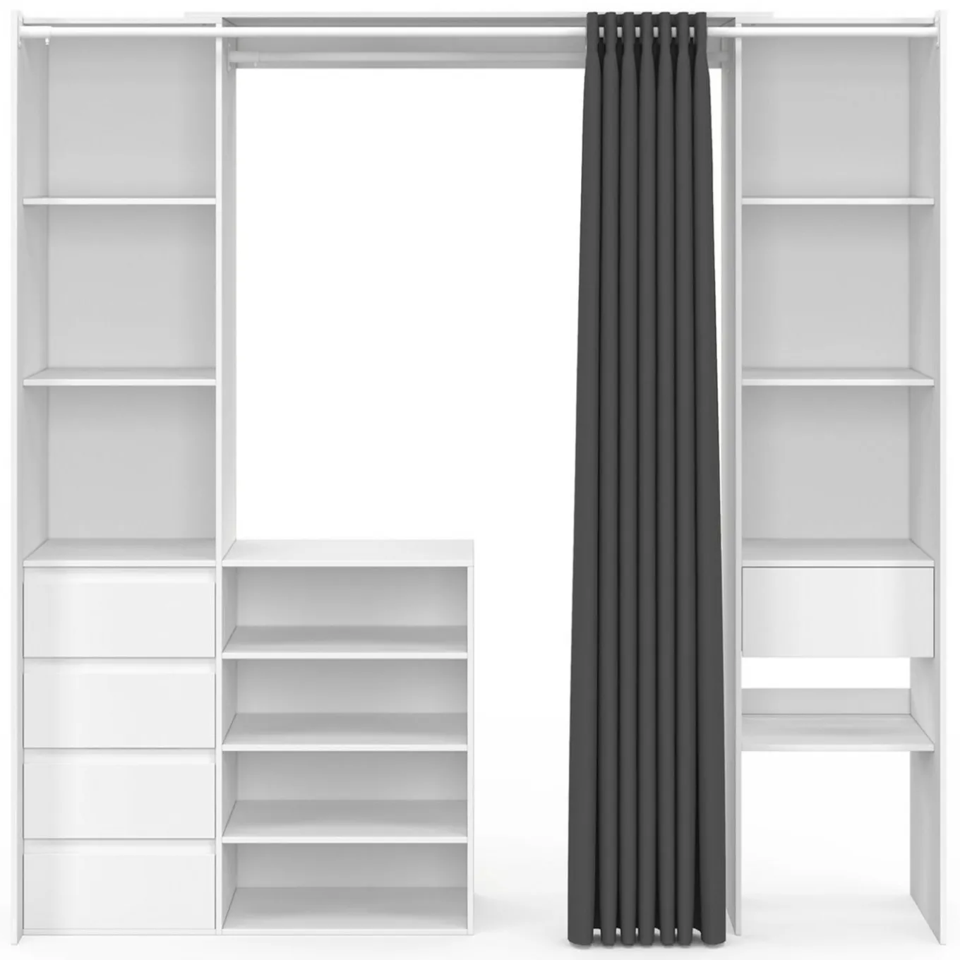 IDMarket Dressing XXL extensible 120/180 cm blanc avec tiroirs + étagères + penderie + rideau gris* Collection Moderne|Dressings Et Portants Vêtements