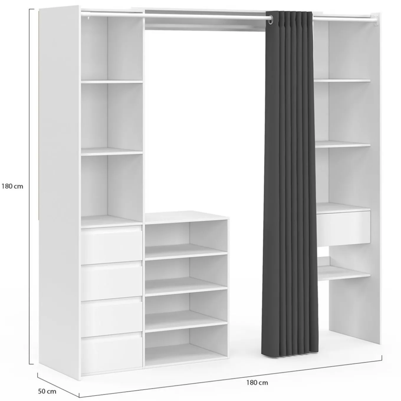 IDMarket Dressing XXL extensible 120/180 cm blanc avec tiroirs + étagères + penderie + rideau gris* Collection Moderne|Dressings Et Portants Vêtements