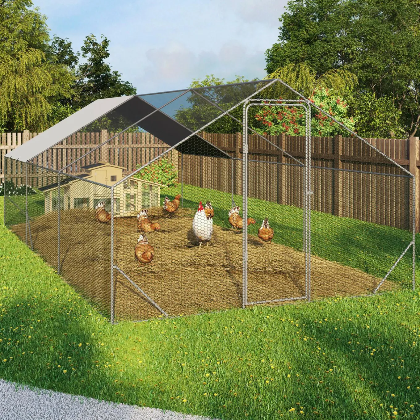 IDMarket Enclos poulailler 18 m2 parc grillagé 6x3m acier galvanisé* Volières Et Enclos