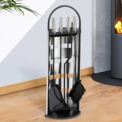 IDMarket Ensemble d'accessoires de cheminée noir inox avec support* Accessoires Cheminée|Stockage Du Bois