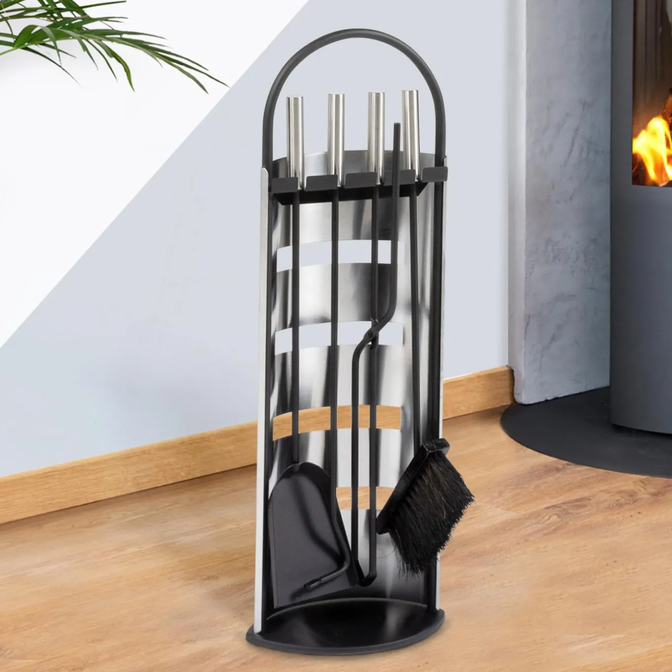 IDMarket Ensemble d'accessoires de cheminée noir inox avec support* Accessoires Cheminée|Stockage Du Bois