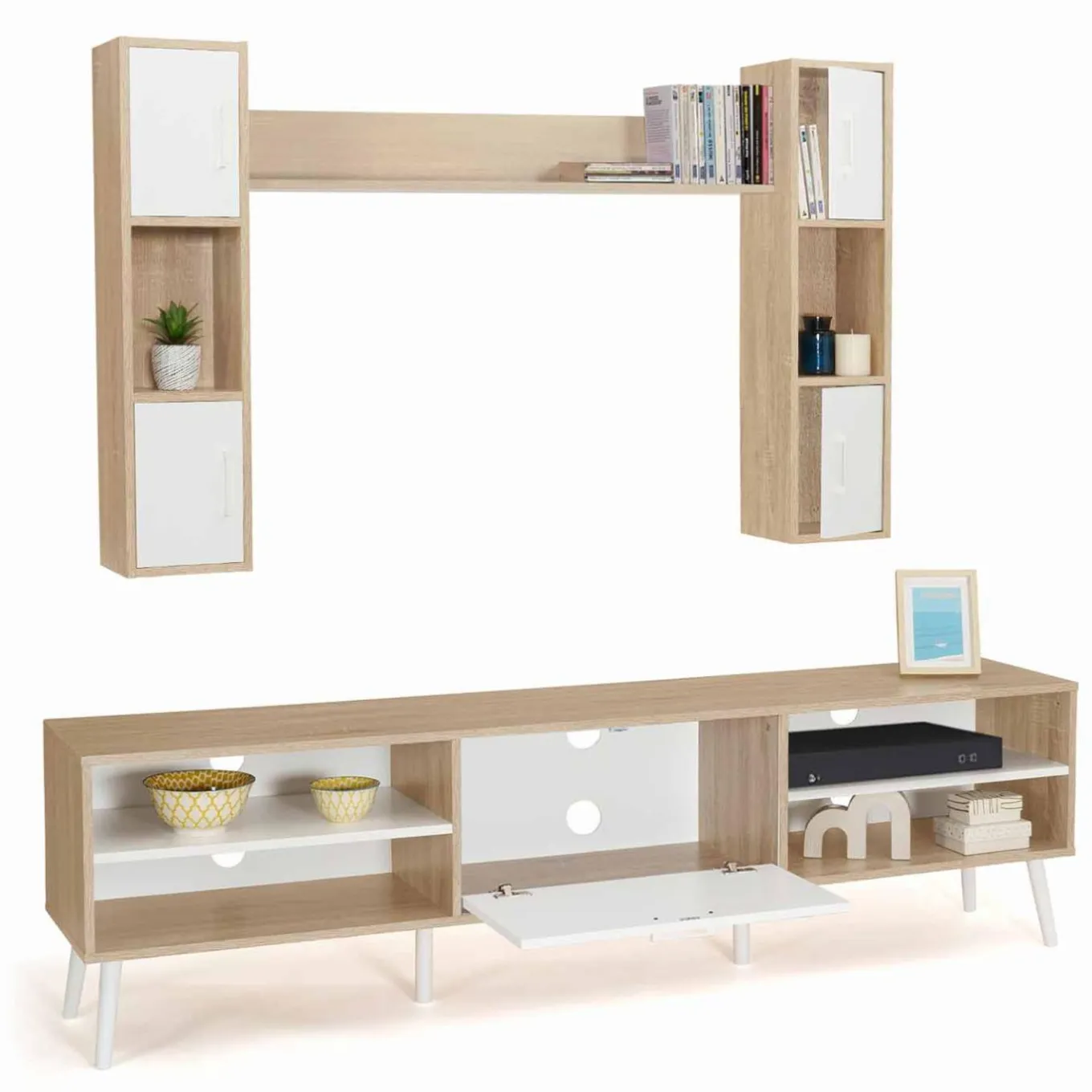 IDMarket Ensemble meuble télé avec étagères murales bois et blanc* Collection Design|Collection Contemporaine