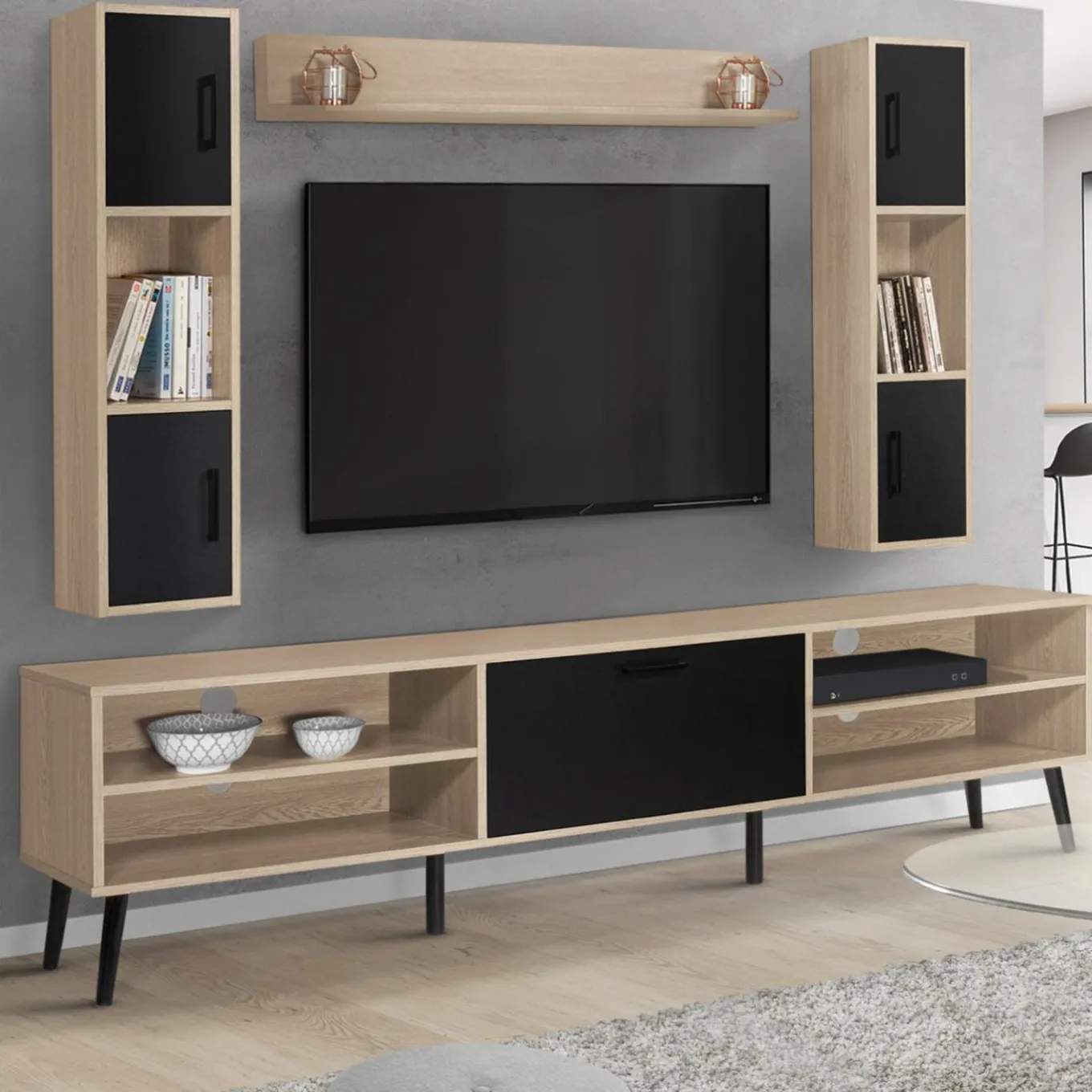 IDMarket Ensemble meuble télé avec étagères murales et placards* Meubles Bas|Meubles En Bois