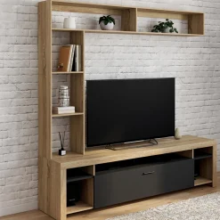 IDMarket Ensemble meuble télé de 170 cm avec des étagères en bois et un placard noir* Meubles Tv