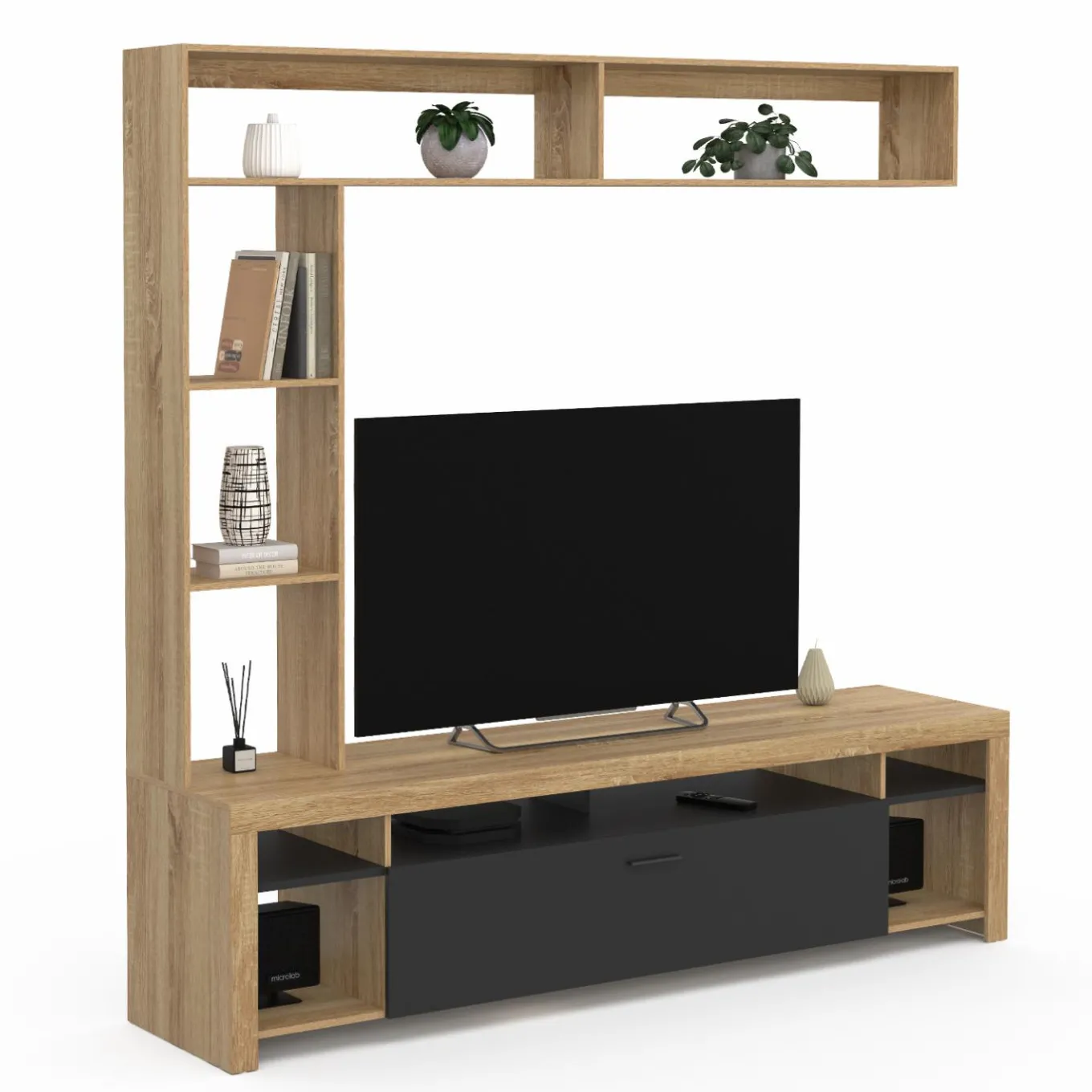 IDMarket Ensemble meuble télé de 170 cm avec des étagères en bois et un placard noir* Meubles Tv