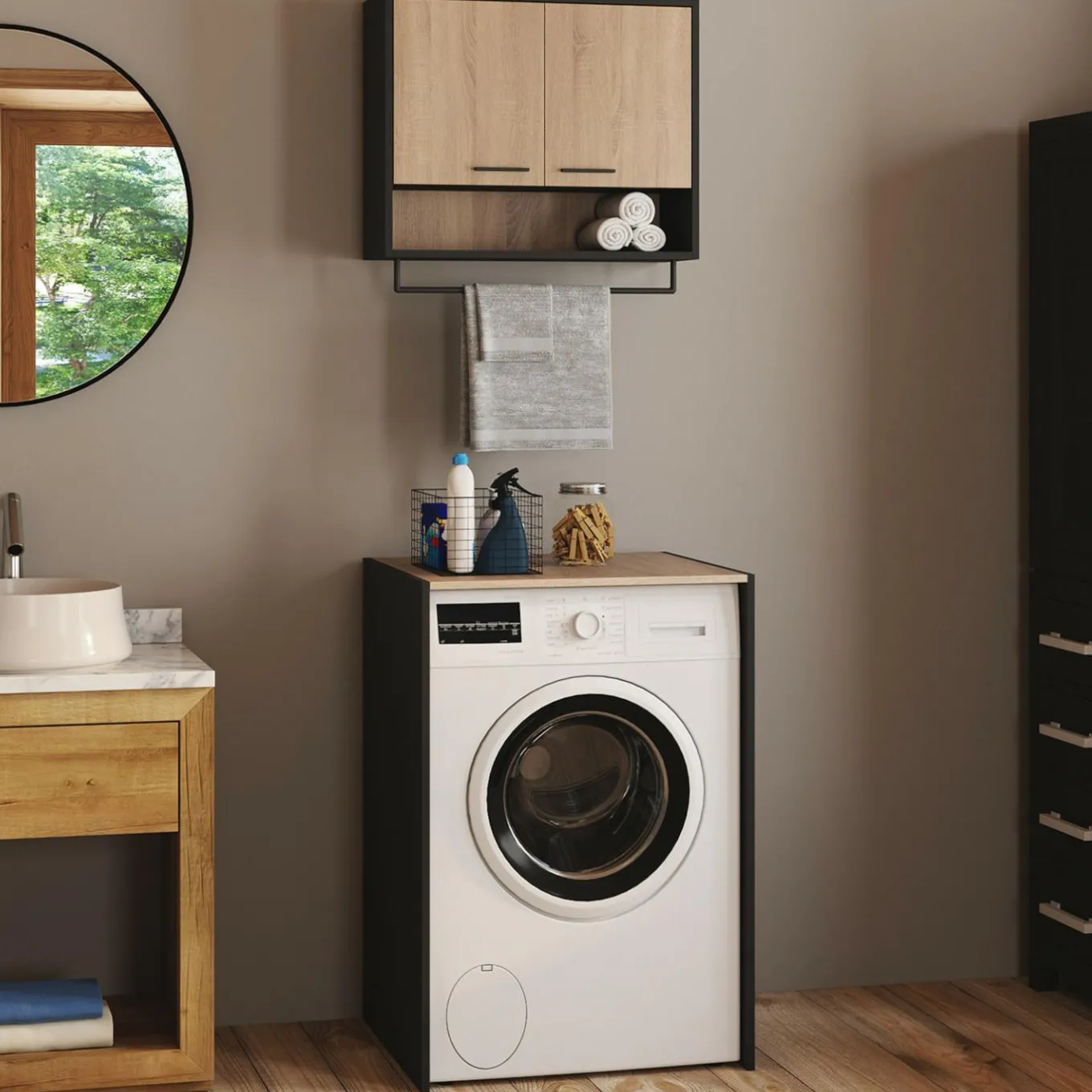 IDMarket Ensemble meubles de buanderie pour machine à laver noir et hêtre* Rangement Et Accessoires|Séchoirs À Linge