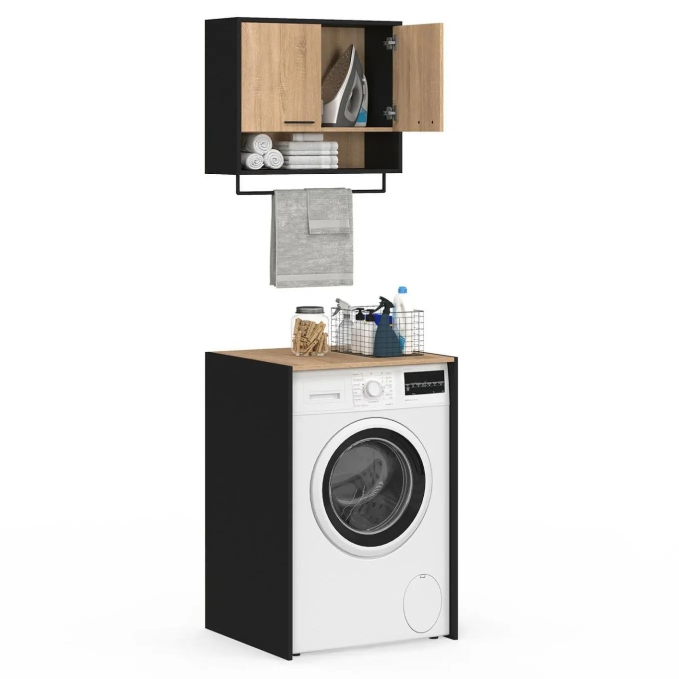 IDMarket Ensemble meubles de buanderie pour machine à laver noir et hêtre* Rangement Et Accessoires|Séchoirs À Linge
