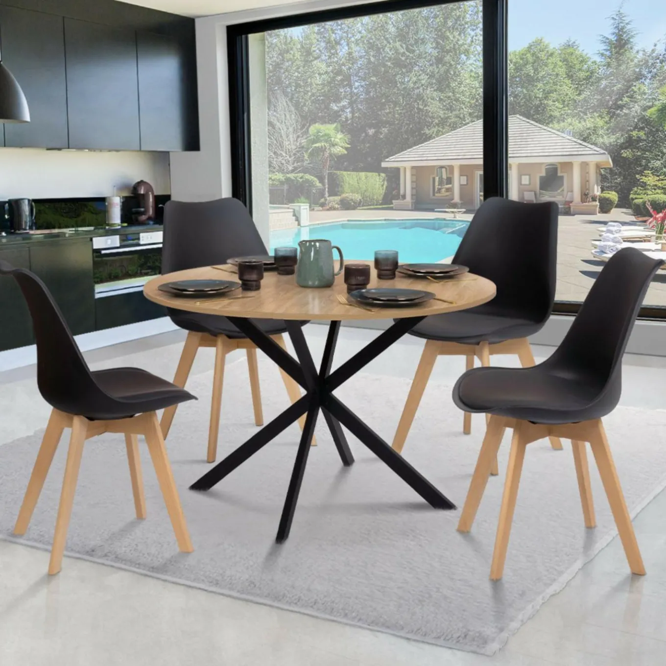IDMarket Ensemble table à manger ronde 110 cm bois et noir et 4 chaises noires* Collection Scandinave|Chaises