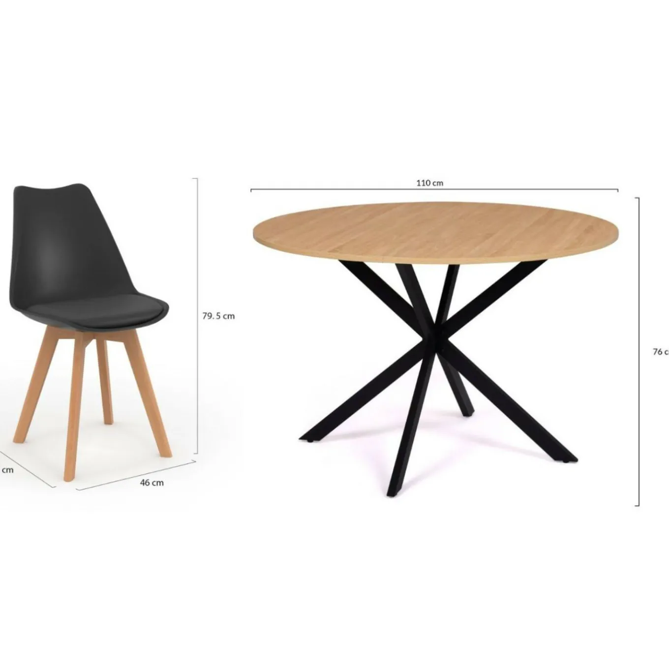 IDMarket Ensemble table à manger ronde 110 cm bois et noir et 4 chaises noires* Collection Scandinave|Chaises
