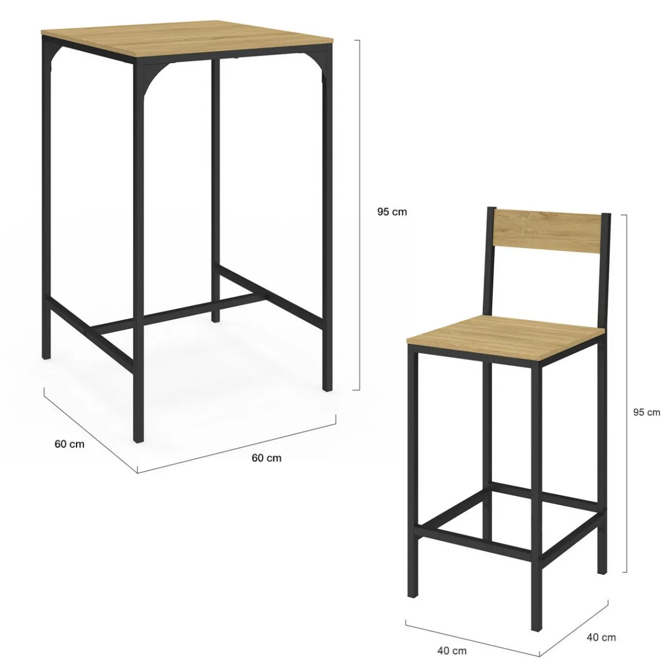 IDMarket Ensemble table de bar carrée 60 cm et 2 chaises de bar design industriel* Cuisine Complète|Mange Debout