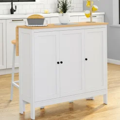 IDMarket Ensemble table de bar ilot et 2 tabourets bois blanc plateau façon hêtre* Meubles Hauts|Tables Hautes