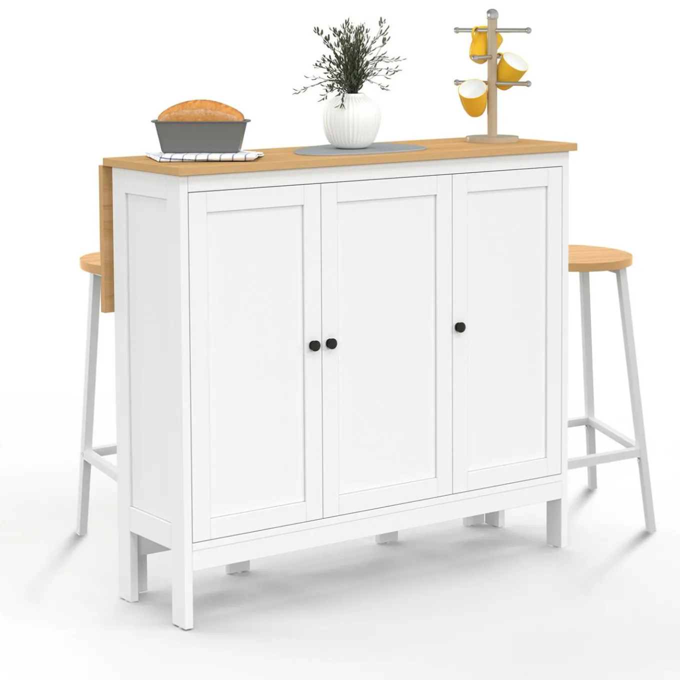 IDMarket Ensemble table de bar ilot et 2 tabourets bois blanc plateau façon hêtre* Meubles Hauts|Tables Hautes