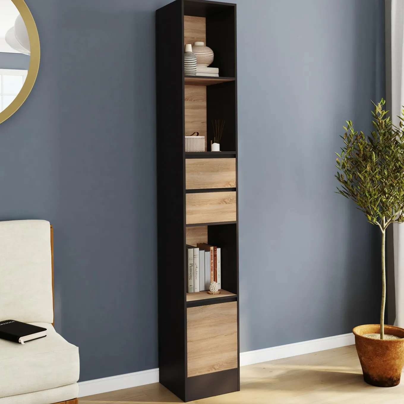 IDMarket Etagère bibliothèque 190 cm 3 étagères 2 tiroirs 1 placard noir et effet bois* Meubles Tiroirs|Meubles Hauts