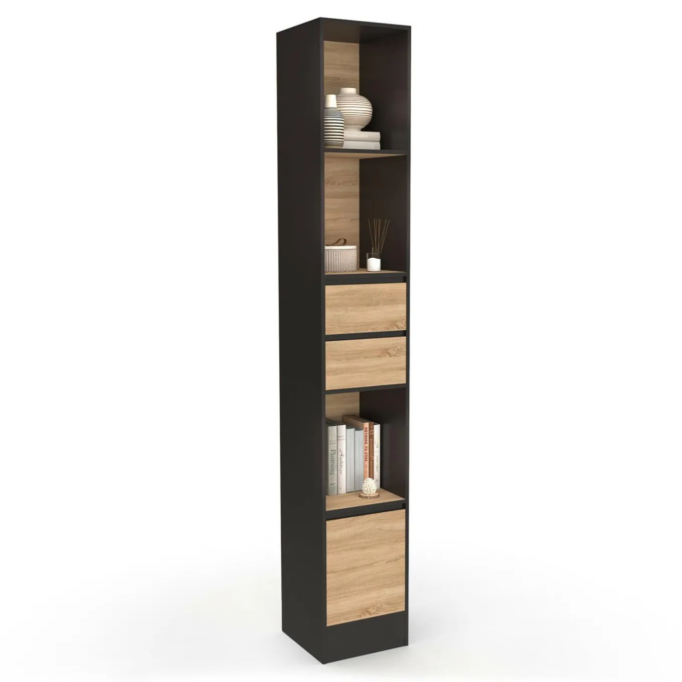 IDMarket Etagère bibliothèque 190 cm 3 étagères 2 tiroirs 1 placard noir et effet bois* Meubles Tiroirs|Meubles Hauts
