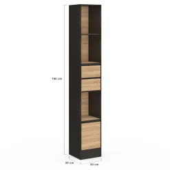 IDMarket Etagère bibliothèque 190 cm 3 étagères 2 tiroirs 1 placard noir et effet bois* Meubles Tiroirs|Meubles Hauts